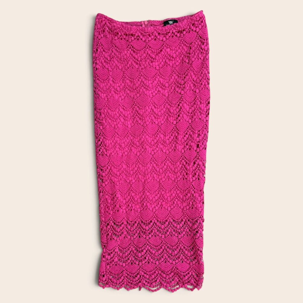 Va Va Voom Fuchsia Crochet Lace Midi Skirt Bodycon Coquette Y2K Romantic Size 8